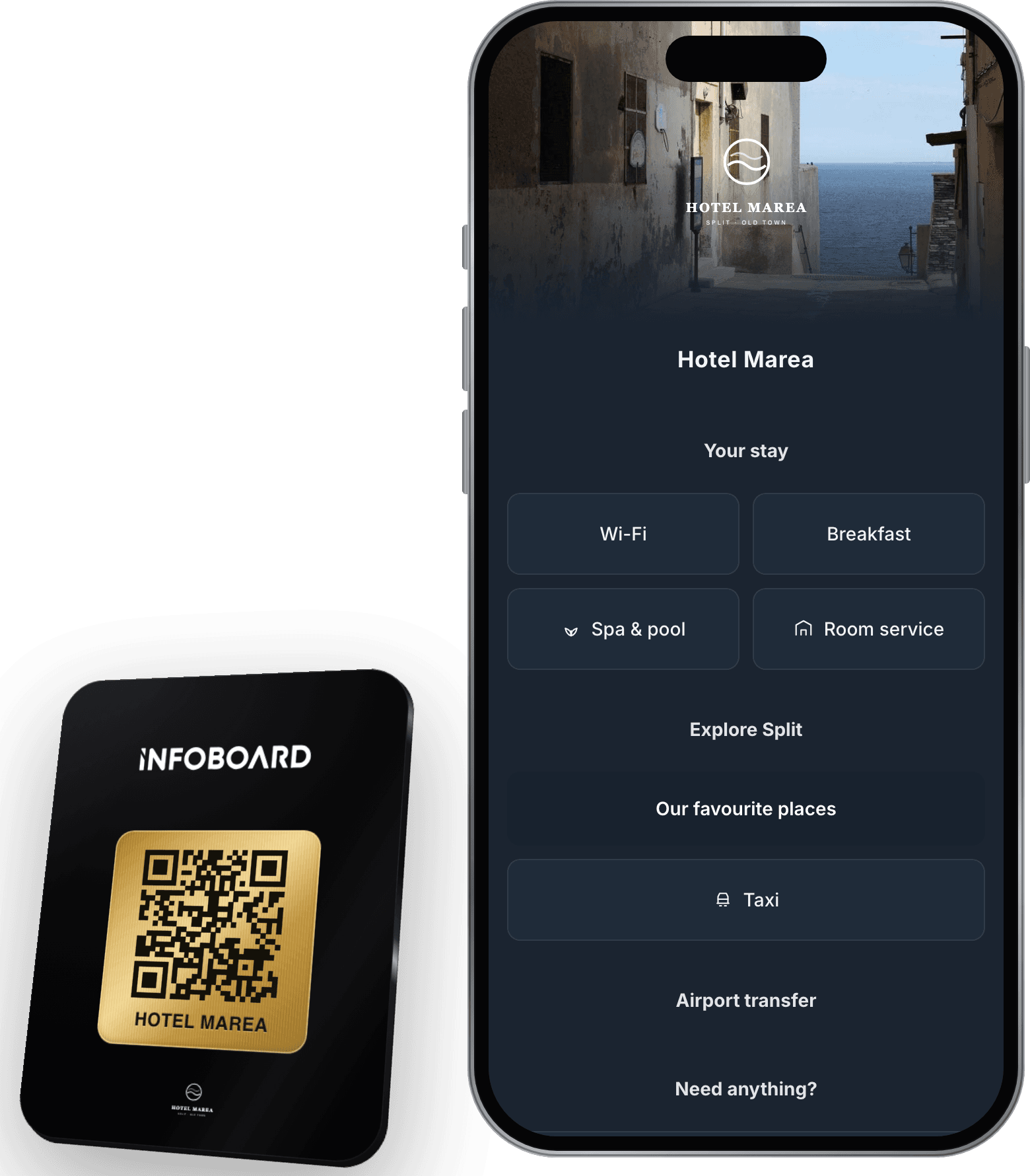 A black and gold Infoboard board next to the hotel guide it opens on a phone: Wi-Fi, breakfast, spa and room service