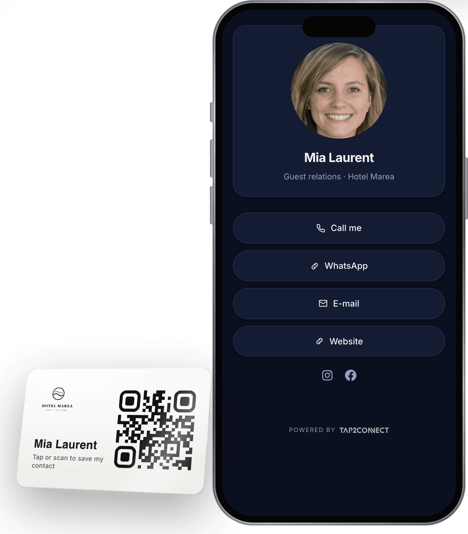 Mia Laurent’s Tap2Connect card next to her Tap2Connect profile on a phone, with call, e-mail and website buttons