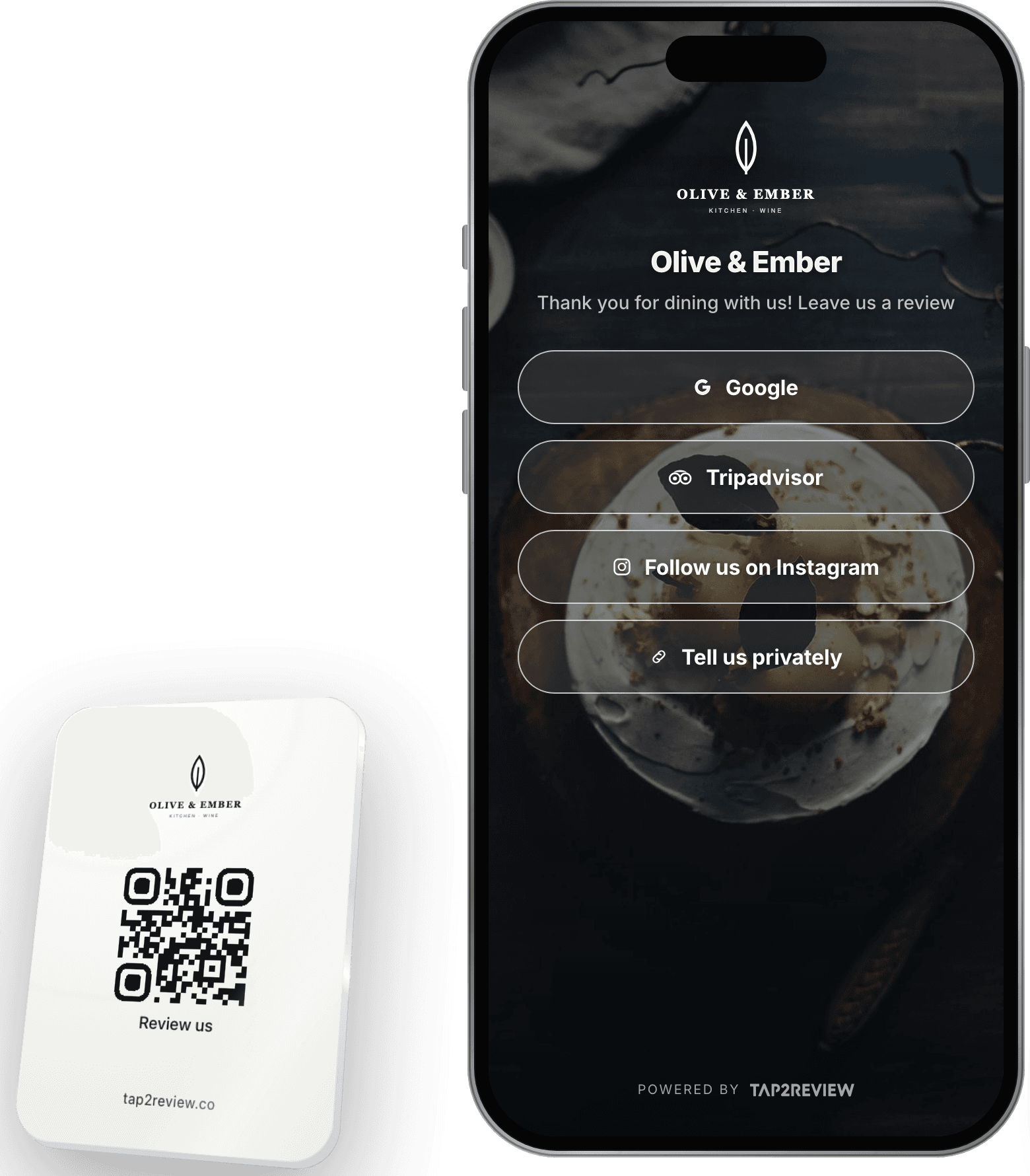 A Tap2Review QR and NFC stand next to the review profile it opens on a phone, with Google, Tripadvisor and Instagram buttons