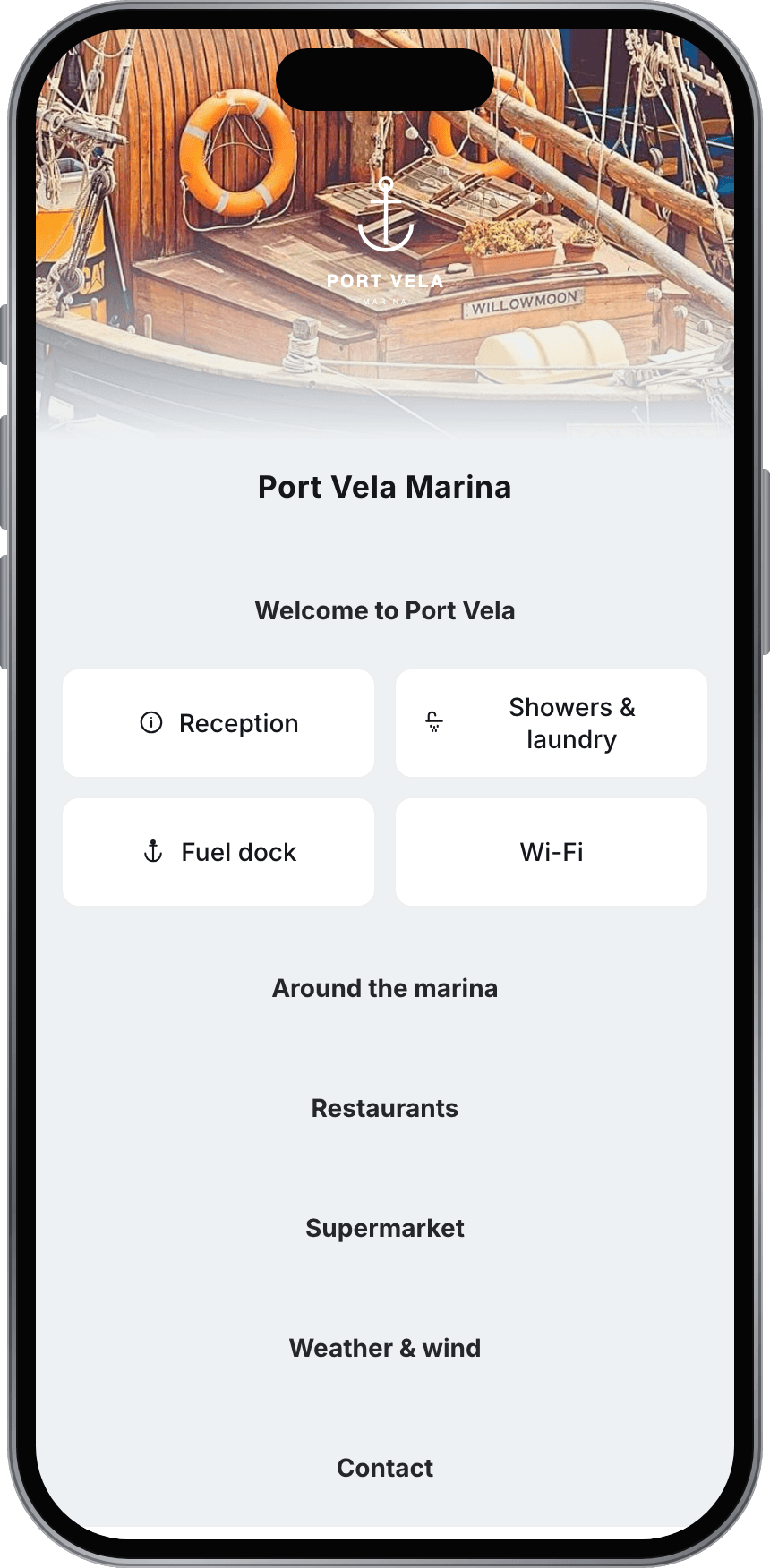 Infoboard demo for Port Vela Marina, marina, on a phone