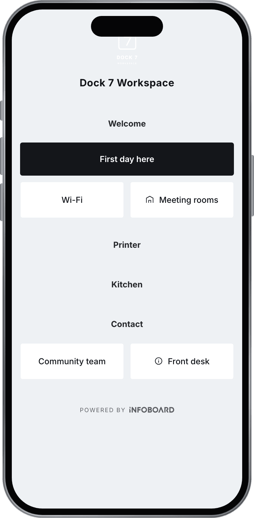 Infoboard demo for Dock 7 Workspace, office & coworking, on a phone