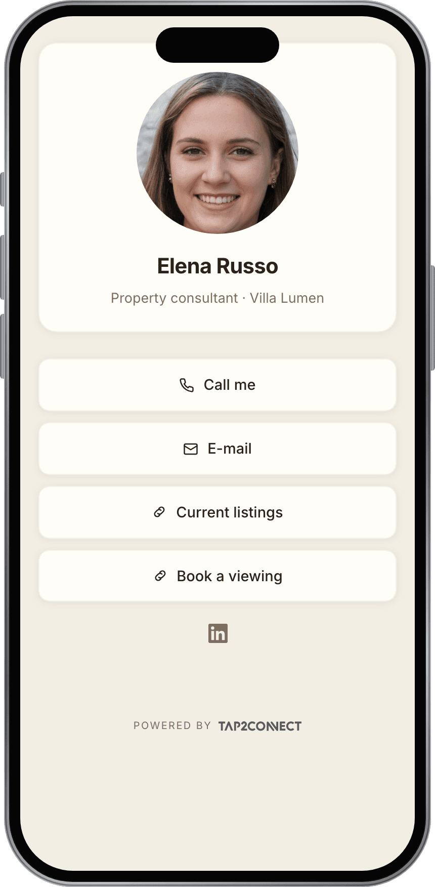 Tap2Connect profile for Elena Russo, Property consultant at Villa Lumen, on a phone