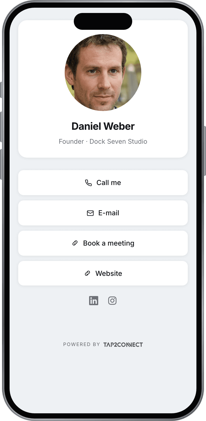 Tap2Connect profile for Daniel Weber, Founder at Dock Seven Studio, on a phone