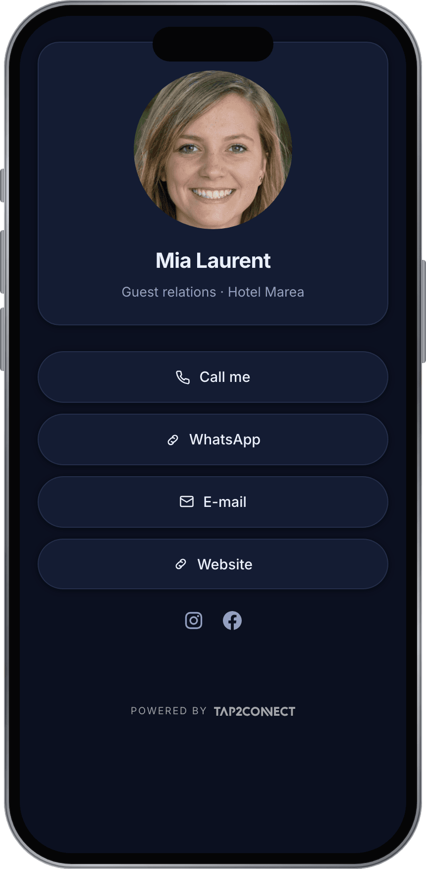 Tap2Connect profile for Mia Laurent, Guest relations at Hotel Marea, on a phone