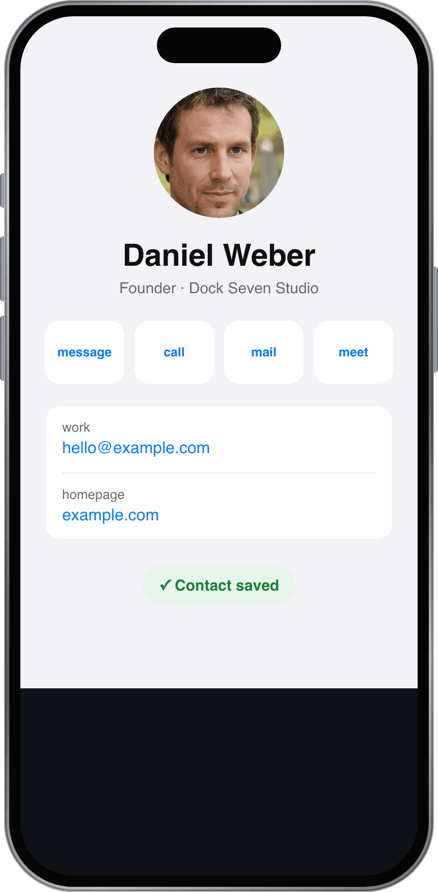 The contact of Daniel Weber saved on a phone after one tap on Save contact