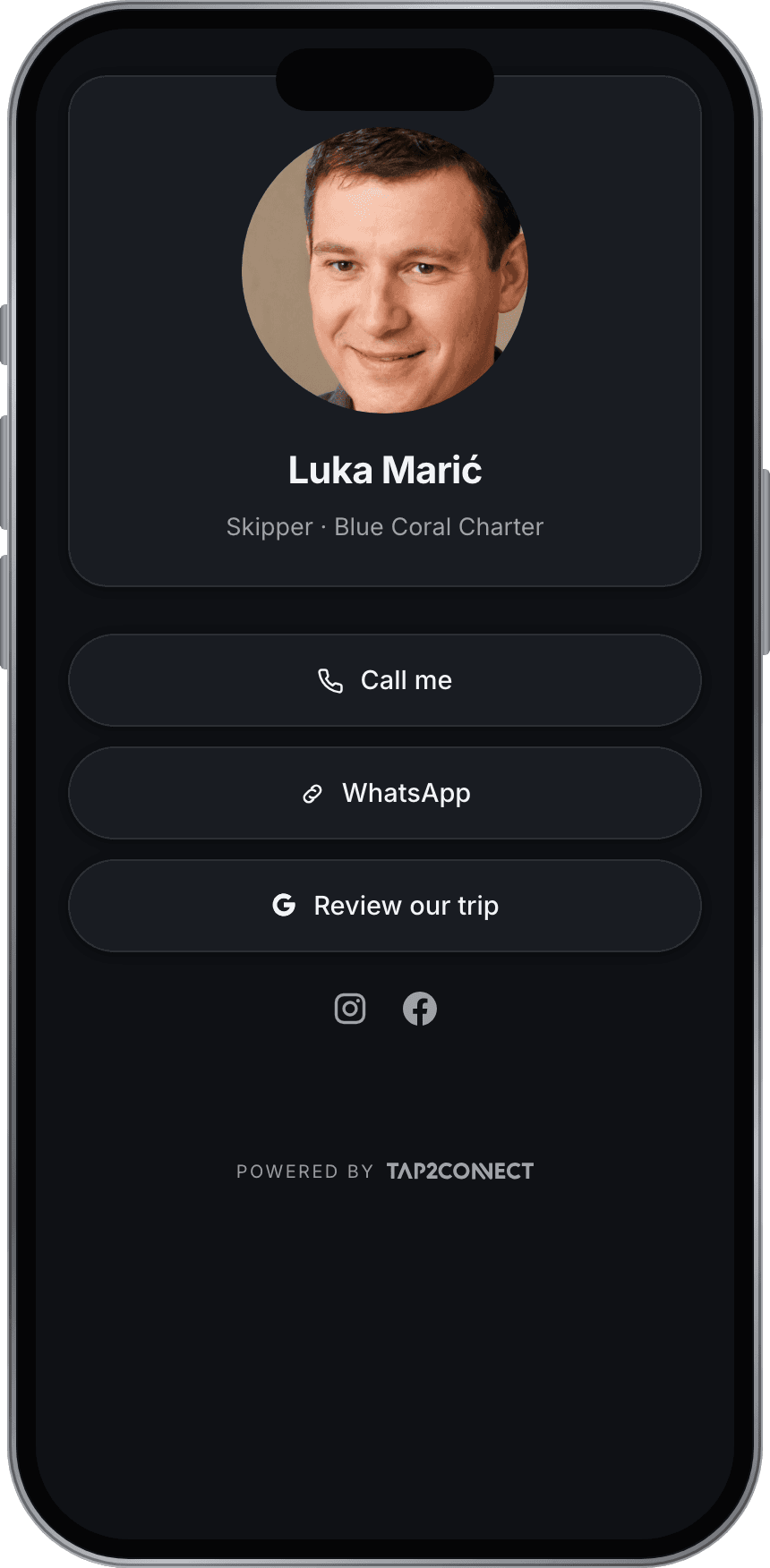Tap2Connect profile for Luka Marić, Skipper at Blue Coral Charter, on a phone