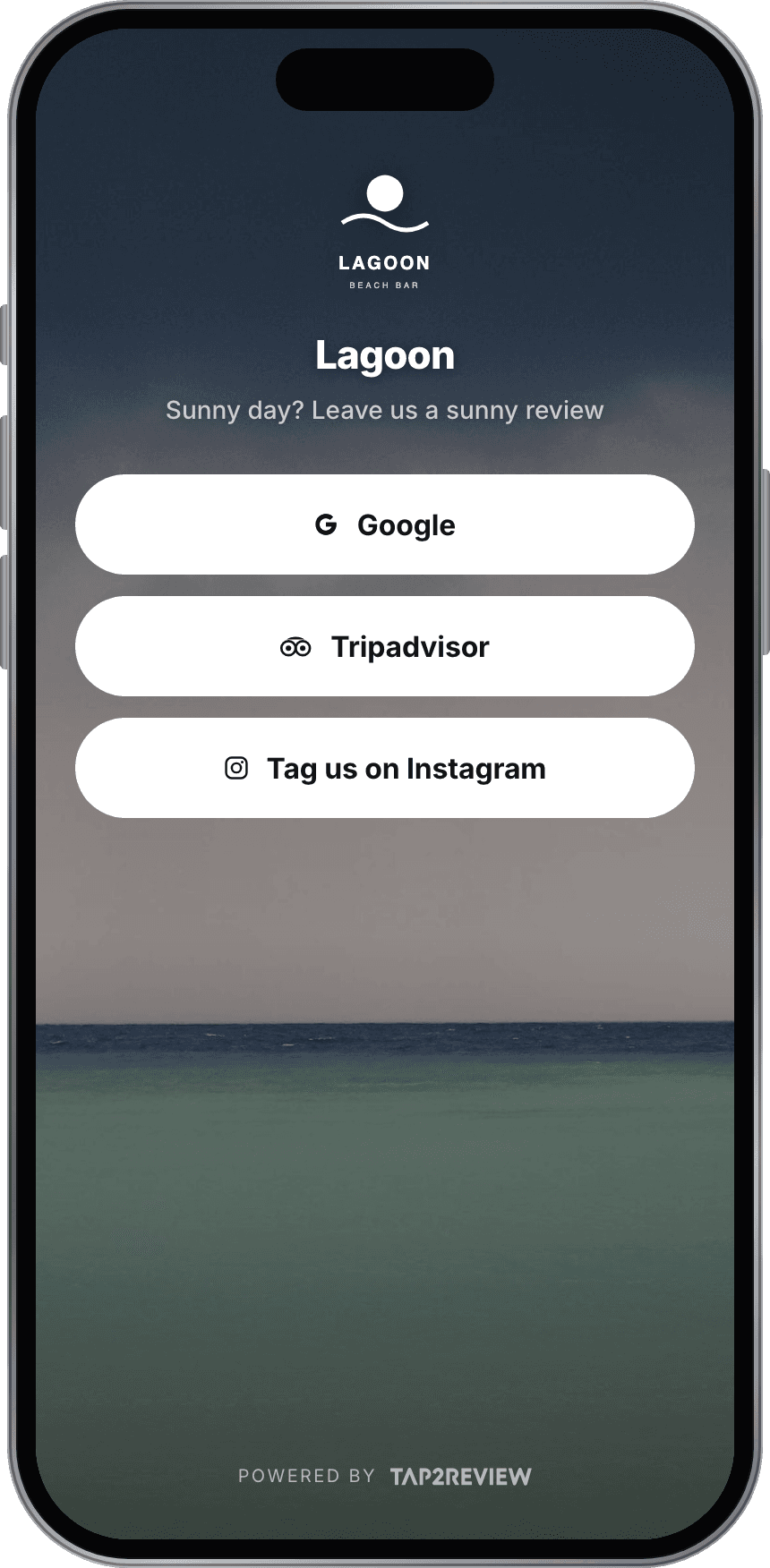 Tap2Review demo for Lagoon, beach club, on a phone
