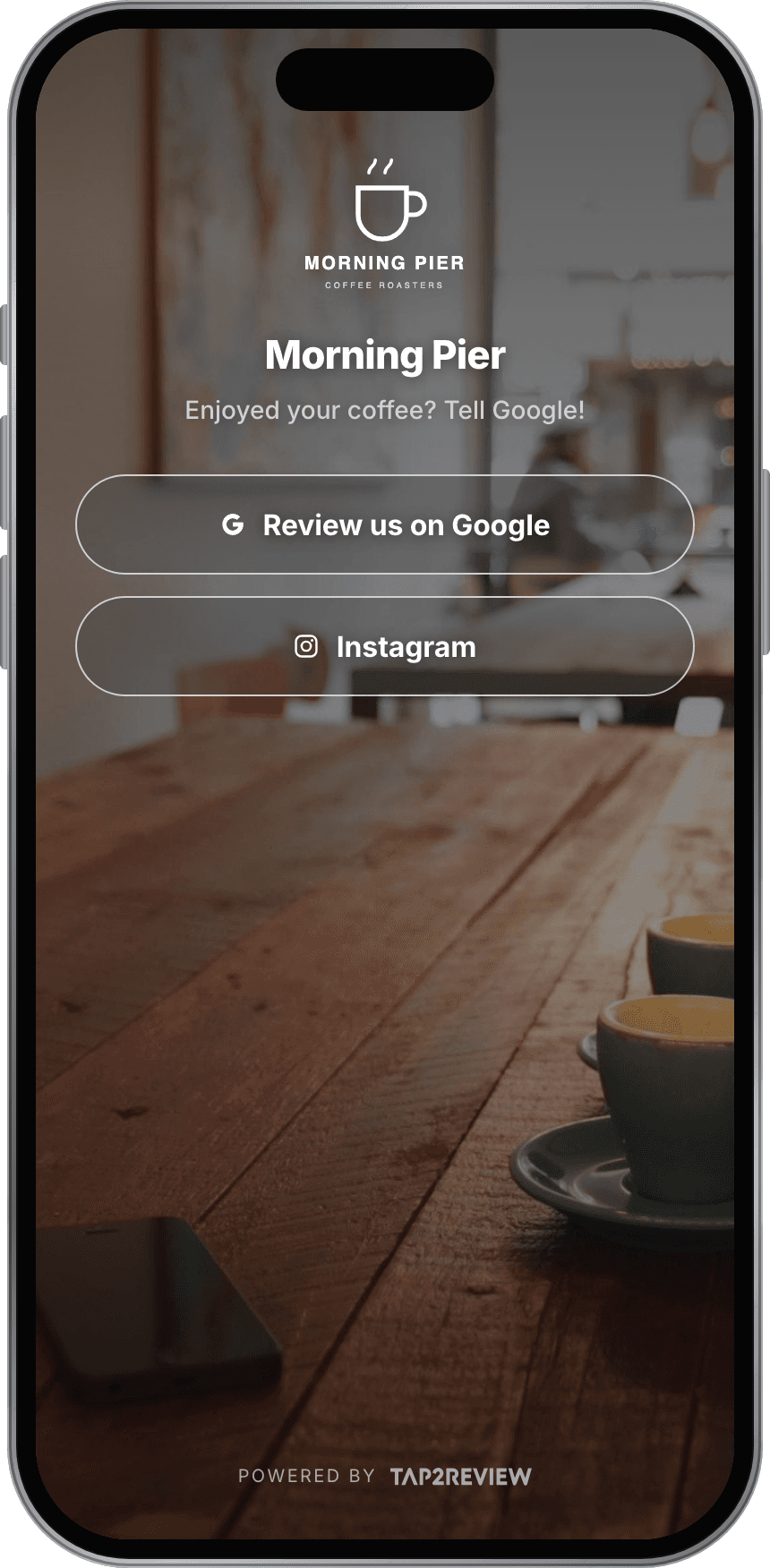 Tap2Review demo for Morning Pier, café & bar, on a phone