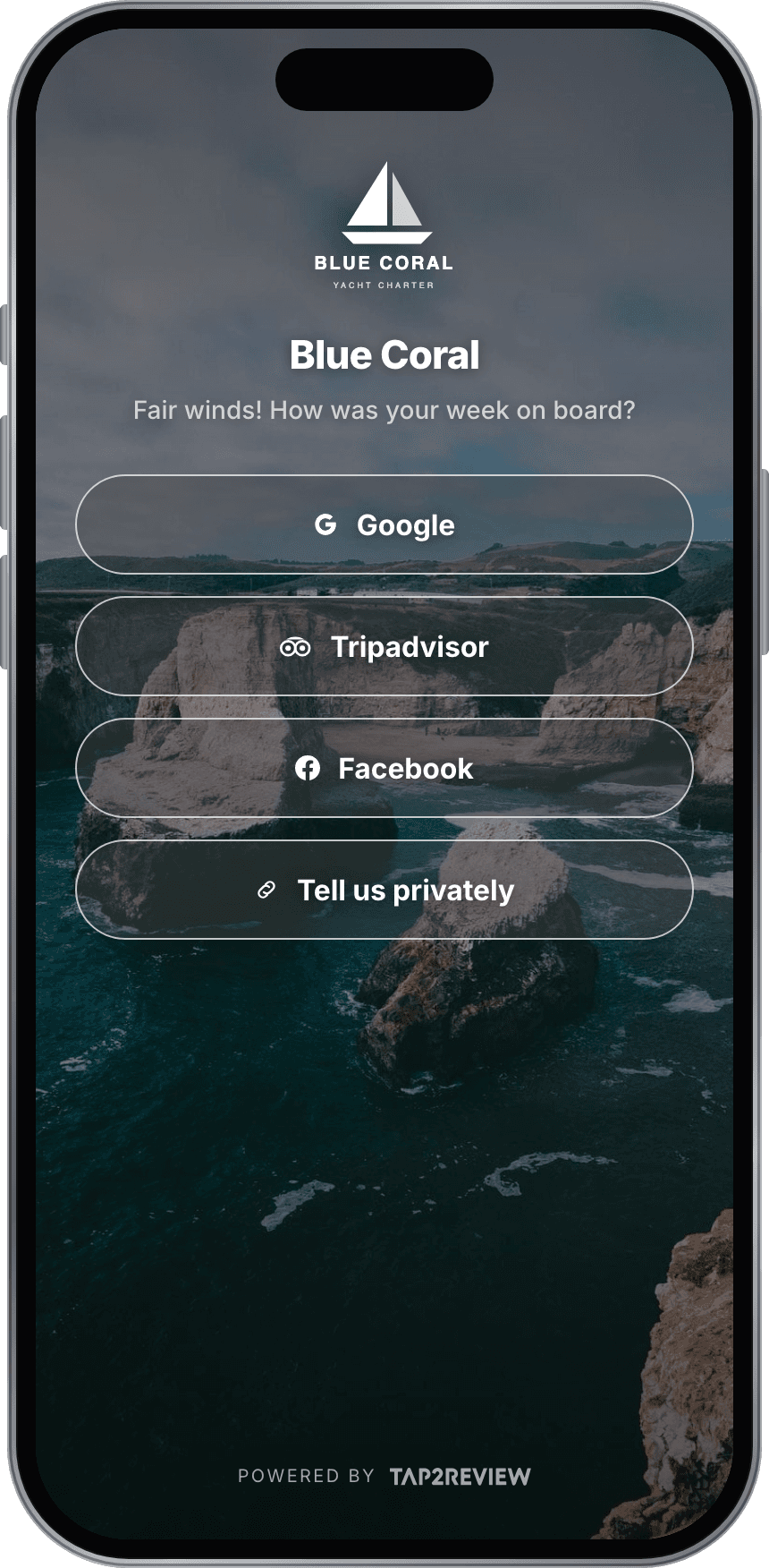 Tap2Review demo for Blue Coral, yacht charter, on a phone