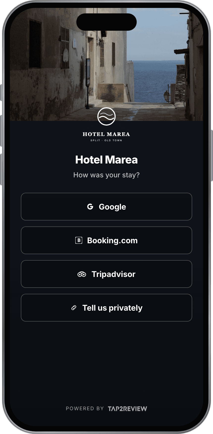 Tap2Review demo for Hotel Marea, hotel, on a phone