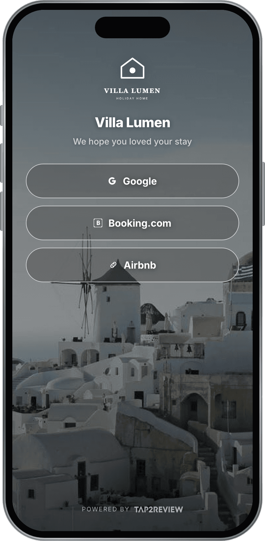 Tap2Review demo for Villa Lumen, holiday rental, on a phone