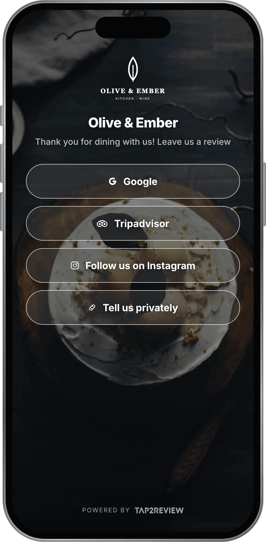 Tap2Review demo for Olive & Ember, restaurant, on a phone