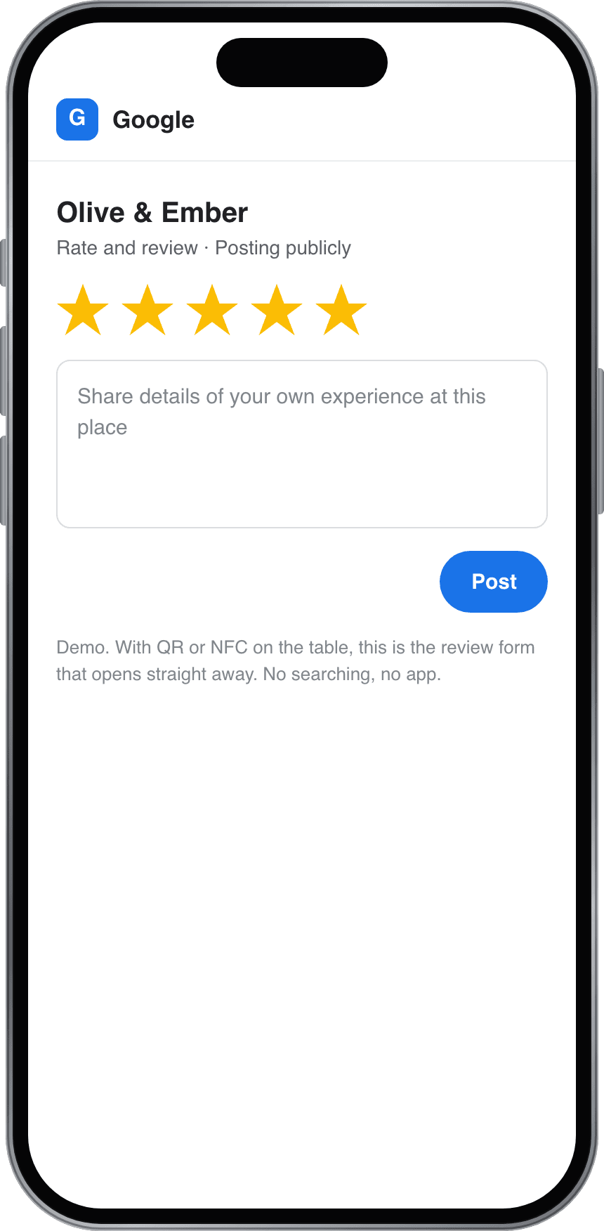 The Google review form, open with five stars ready