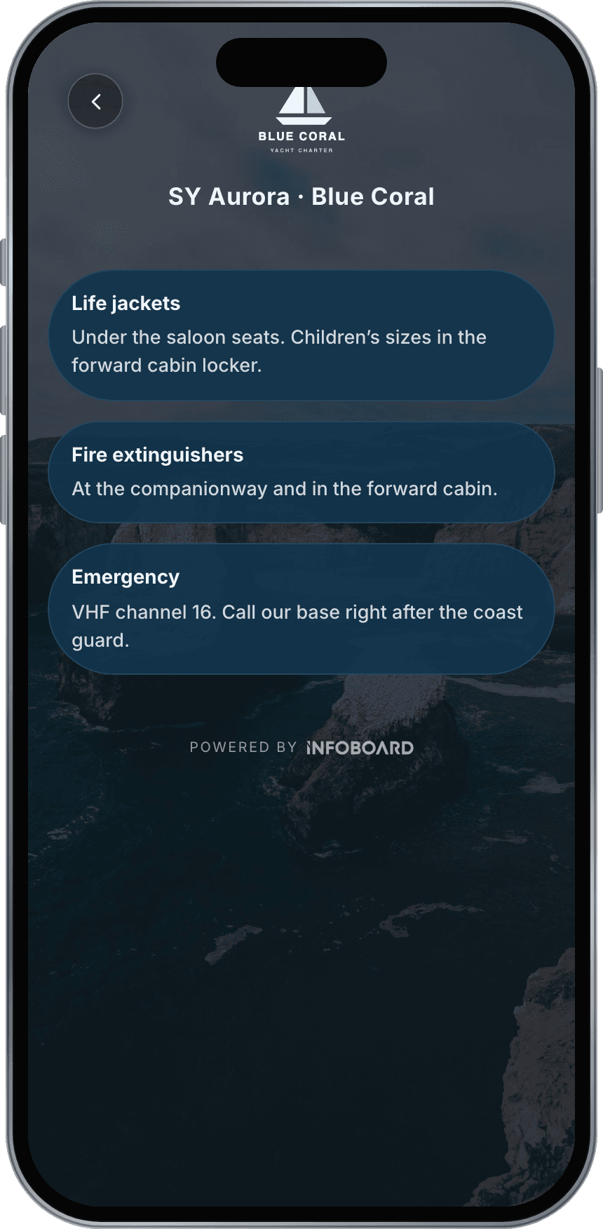 The Safety on board profile of a charter guide on a phone, with a Back button