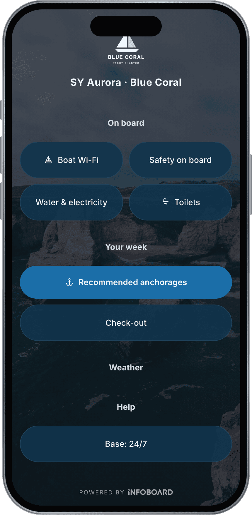 The charter guide the board opens on a phone: boat Wi-Fi, safety on board, anchorages and check-out