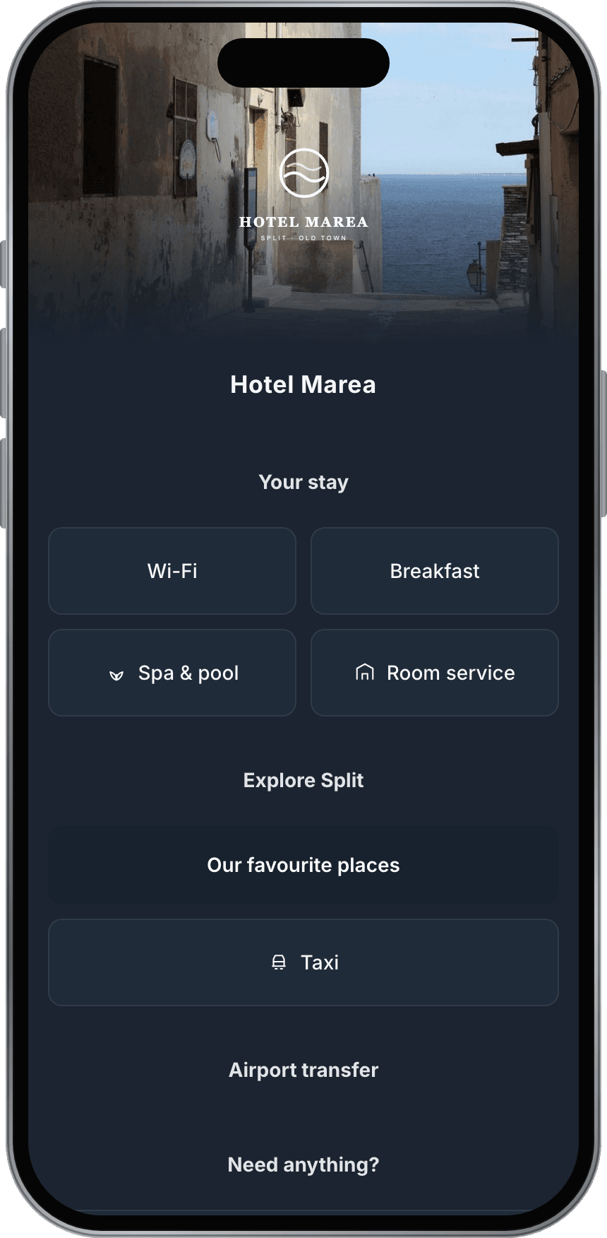 The Infoboard hotel guide on a phone: Wi-Fi, breakfast, spa and pool, room service